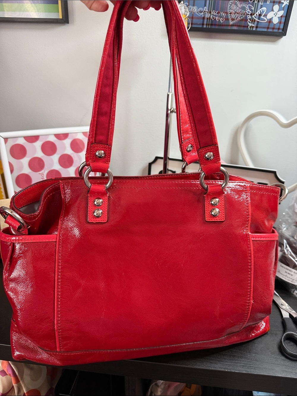 Coach Poppy Y2K Red Patent Leather Shoulder Bag with Front Pocket - Picture 6 of 17